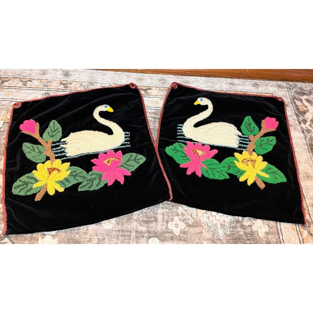 Vintage Velvet Swans & Lotus Punch‎ Embroidery Pillow Covers  17"X 17" Set Of 2